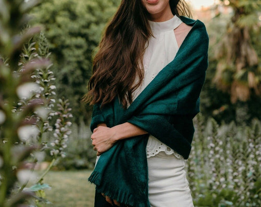 Alpaca Shawl, Thin Wool Scarf, Peacock Emerald Green Wedding Shawl